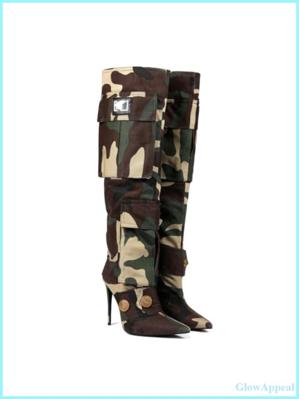 Womens Knee-High High Heel Boots Pointed Toe Camo Canvas Party Dress